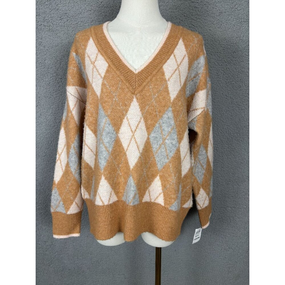 On-34th Women's Argyle V-Neck Drop-Shoulder Sweater Small Multicolor NWI's.